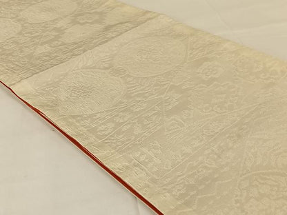 平和屋着物◎全通柄袋帯　ふくれ織　切嵌花文　灰梅色　正絹　逸品　AABM4402dk