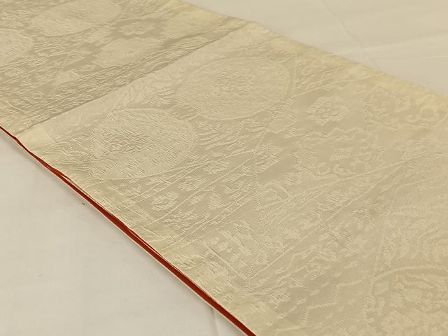 平和屋着物◎全通柄袋帯　ふくれ織　切嵌花文　灰梅色　正絹　逸品　AABM4402dk