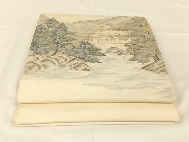 平和屋着物◎太鼓柄袋帯　紬地　すくい織　風景文　正絹　逸品　AABM4404dk