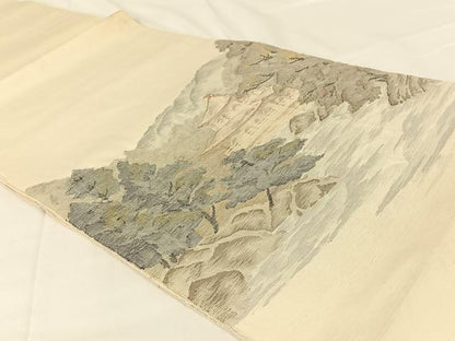 平和屋着物◎太鼓柄袋帯　紬地　すくい織　風景文　正絹　逸品　AABM4404dk