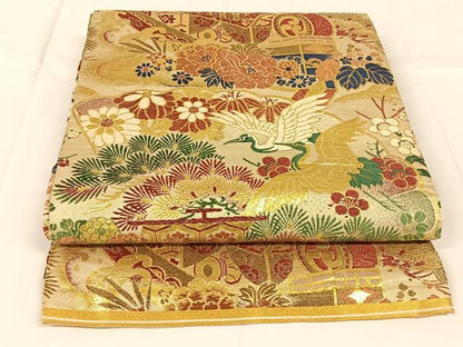 平和屋着物◎アンティーク　大正ロマン　丸帯　飛鶴花文　金糸　正絹　逸品　AABM4405dk