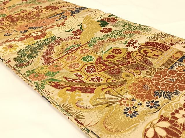 平和屋着物◎アンティーク　大正ロマン　丸帯　飛鶴花文　金糸　正絹　逸品　AABM4405dk