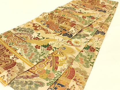 平和屋着物◎アンティーク　大正ロマン　丸帯　飛鶴花文　金糸　正絹　逸品　AABM4405dk