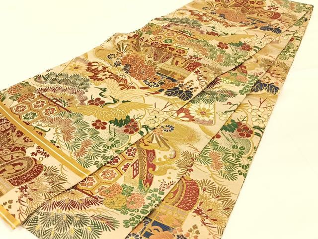 平和屋着物◎アンティーク　大正ロマン　丸帯　飛鶴花文　金糸　正絹　逸品　AABM4405dk