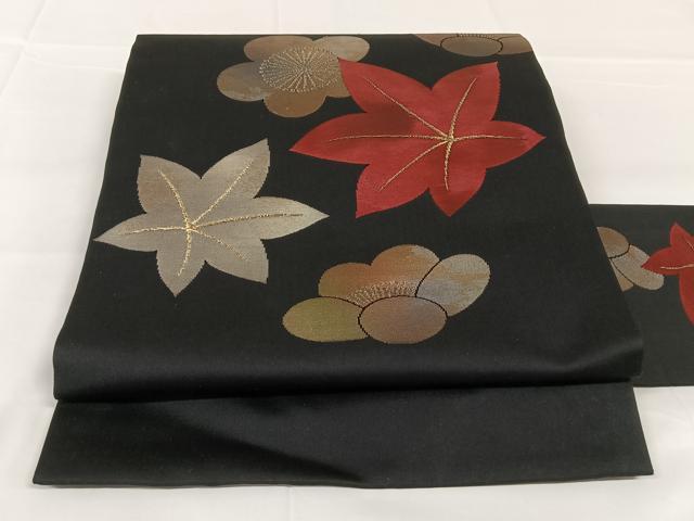 平和屋着物◎九寸名古屋帯　楓　梅　黒地　引箔　正絹　逸品　AABM4409dk