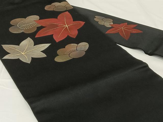 平和屋着物◎九寸名古屋帯　楓　梅　黒地　引箔　正絹　逸品　AABM4409dk