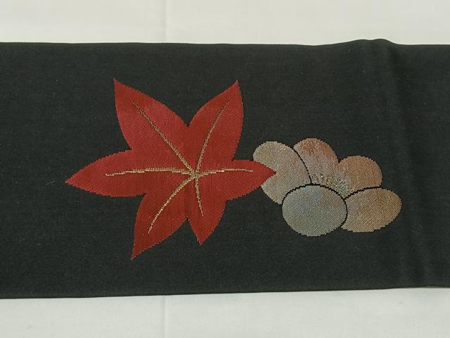 平和屋着物◎九寸名古屋帯　楓　梅　黒地　引箔　正絹　逸品　AABM4409dk