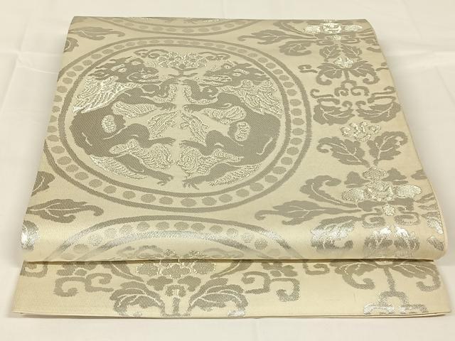 平和屋着物◎六通柄袋帯　鳥獣花丸文　銀糸　正絹　逸品　AABM4415dk