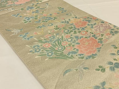 平和屋着物◎六通柄袋帯　唐織　花鳥文　銀糸　正絹　逸品　AABM4419dk