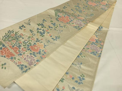 平和屋着物◎六通柄袋帯　唐織　花鳥文　銀糸　正絹　逸品　AABM4419dk