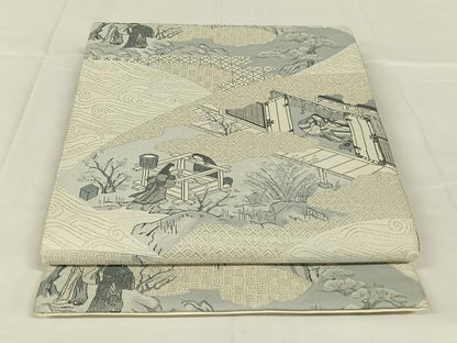 平和屋着物◎六通柄袋帯　女人風景文　銀糸　正絹　逸品　AABM4421dk