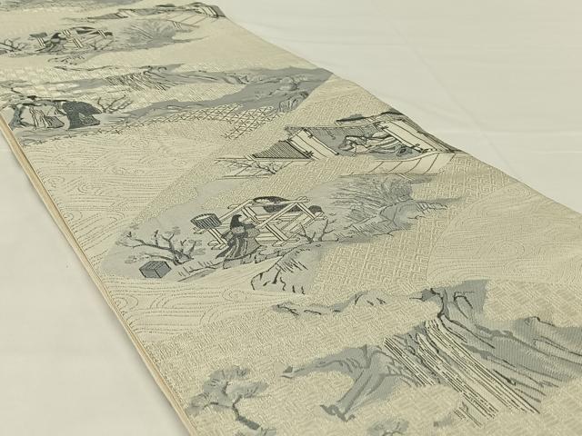 平和屋着物◎六通柄袋帯　女人風景文　銀糸　正絹　逸品　AABM4421dk