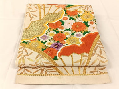 平和屋着物◎六通柄袋帯　唐織　扇面花文　金糸　正絹　逸品　AABM4429dk