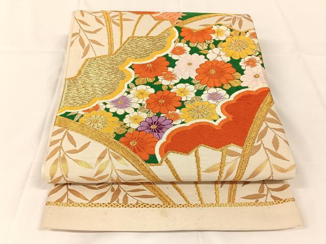 平和屋着物◎六通柄袋帯　唐織　扇面花文　金糸　正絹　逸品　AABM4429dk