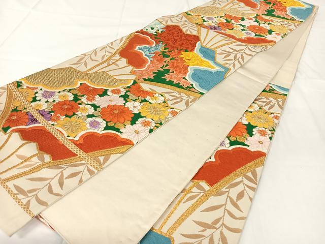 平和屋着物◎六通柄袋帯　唐織　扇面花文　金糸　正絹　逸品　AABM4429dk