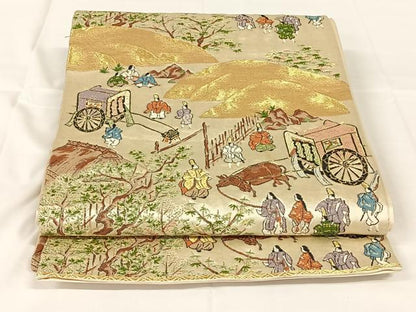 平和屋着物◎六通柄袋帯　人物御所車風景文　金糸　正絹　逸品　AABM4438dk