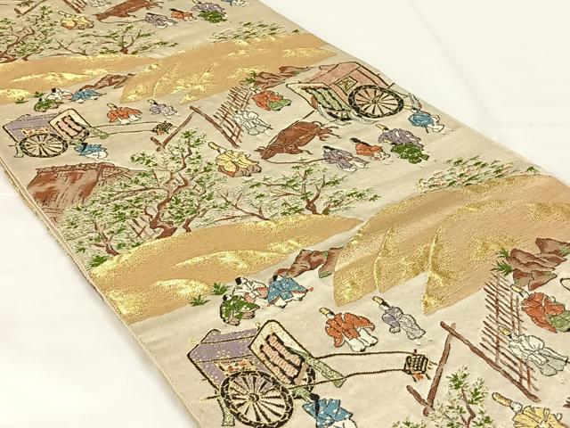 平和屋着物◎六通柄袋帯　人物御所車風景文　金糸　正絹　逸品　AABM4438dk