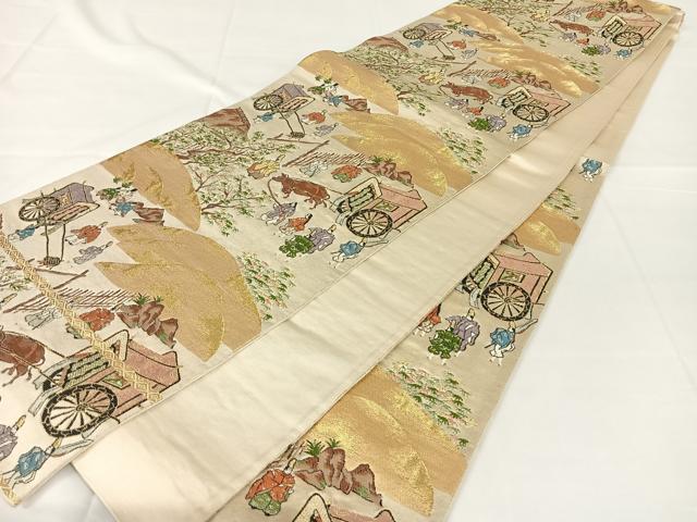 平和屋着物◎六通柄袋帯　人物御所車風景文　金糸　正絹　逸品　AABM4438dk