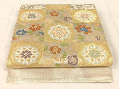 平和屋着物◎太鼓柄　本袋帯　市松花文　金銀糸　引箔　正絹　逸品　AABM4440dk