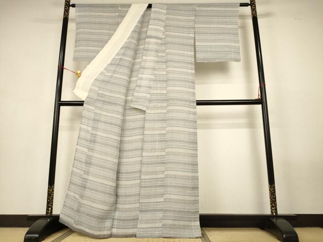 平和屋着物＊夏物　石川県指定無形文化財　能登上布　本麻手織上布　横段文　麻　逸品　AABM4458jd