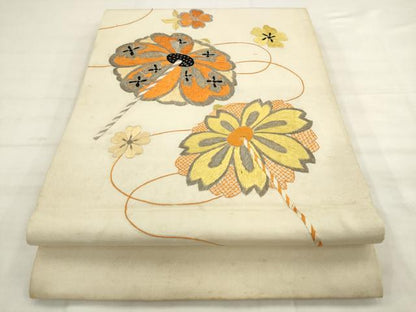 平和屋着物●アンティーク　大正ロマン　丸帯　総刺繍　舞花文　銀糸　正絹　逸品　AABM4605pf