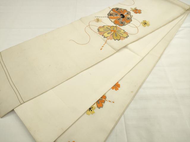 平和屋着物●アンティーク　大正ロマン　丸帯　総刺繍　舞花文　銀糸　正絹　逸品　AABM4605pf