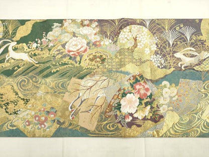 平和屋着物●両面両方向全通柄袋帯　不老不死月兎伝説　京琳派色紙取文　金糸　正絹　逸品　AABM4606pf