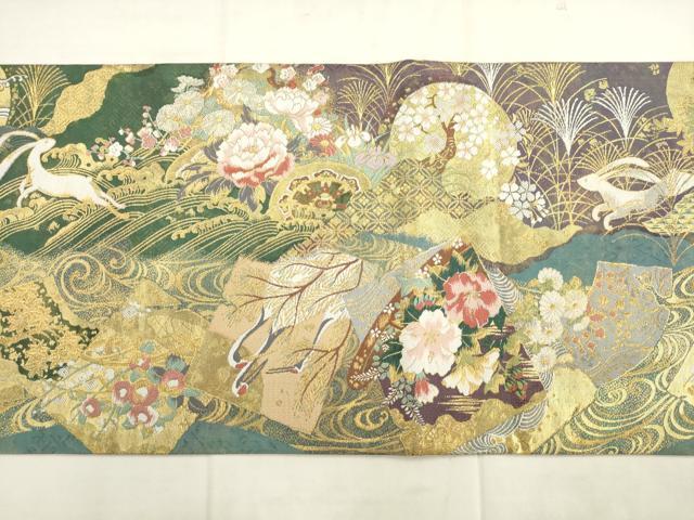 平和屋着物●両面両方向全通柄袋帯　不老不死月兎伝説　京琳派色紙取文　金糸　正絹　逸品　AABM4606pf