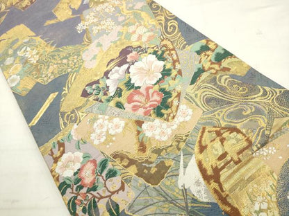 平和屋着物●両面両方向全通柄袋帯　不老不死月兎伝説　京琳派色紙取文　金糸　正絹　逸品　AABM4606pf