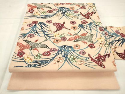 平和屋着物●九寸名古屋帯　紬地　紅型　花鳥文　正絹　逸品　AABM4628pf