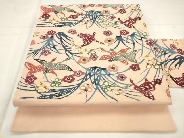 平和屋着物●九寸名古屋帯　紬地　紅型　花鳥文　正絹　逸品　AABM4628pf