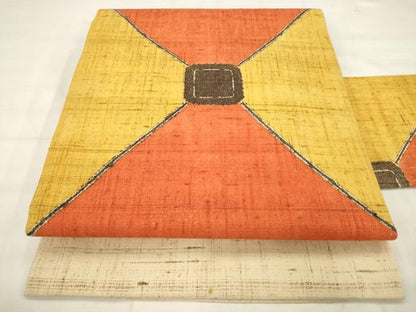 平和屋着物●九寸名古屋帯　紬地　幾何学文様　正絹　逸品　AABM4637pf