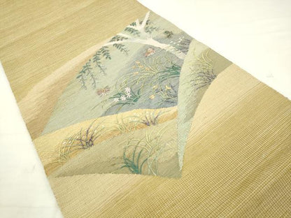 平和屋着物●太鼓柄袋帯　総刺繍　風景花蝶文　正絹　逸品　AABM4654pf