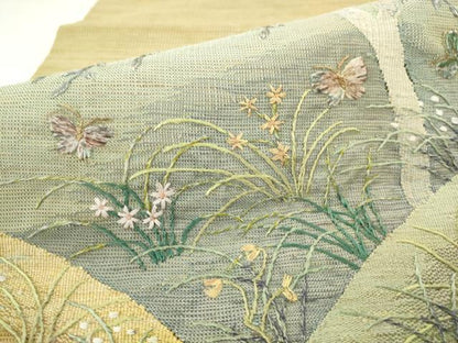 平和屋着物●太鼓柄袋帯　総刺繍　風景花蝶文　正絹　逸品　AABM4654pf