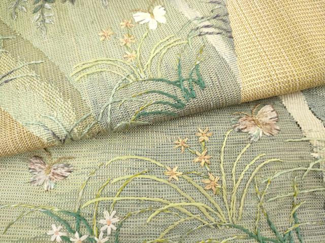 平和屋着物●太鼓柄袋帯　総刺繍　風景花蝶文　正絹　逸品　AABM4654pf