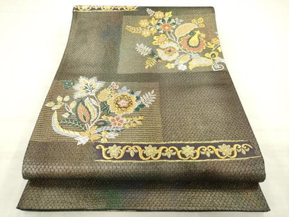 平和屋着物●染色作家　草野一騎　六通柄袋帯　草花文　金銀糸　正絹　逸品　AABM4655pf