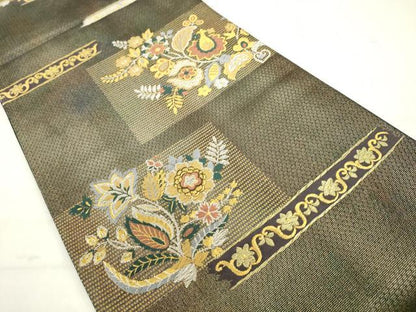 平和屋着物●染色作家　草野一騎　六通柄袋帯　草花文　金銀糸　正絹　逸品　AABM4655pf