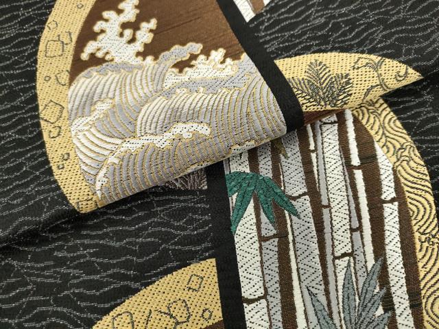 平和屋着物●六通柄袋帯　映調献上文　黒地　銀糸　正絹　逸品　AABM4697pf