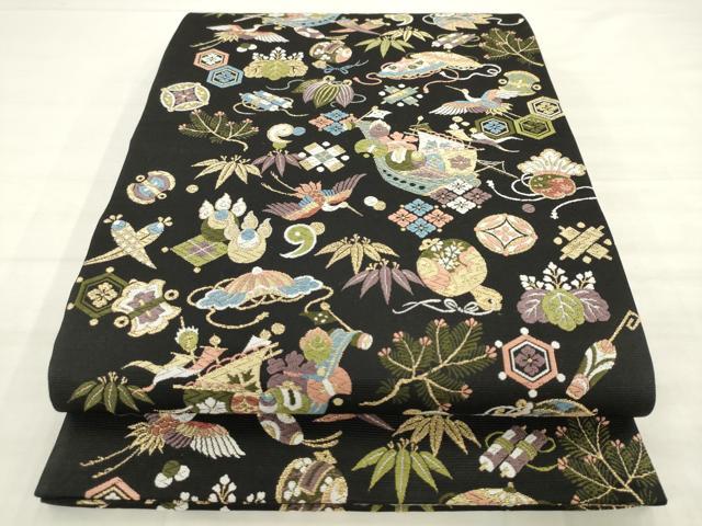 平和屋着物●西陣の老舗　1782年創業　山下織物　六通柄袋帯　唐織　宝来船　黒地　金糸　正絹　逸品　AABM4723pf