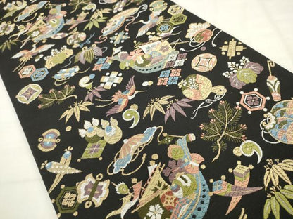 平和屋着物●西陣の老舗　1782年創業　山下織物　六通柄袋帯　唐織　宝来船　黒地　金糸　正絹　逸品　AABM4723pf