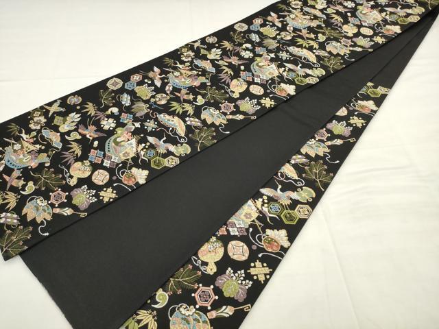 平和屋着物●西陣の老舗　1782年創業　山下織物　六通柄袋帯　唐織　宝来船　黒地　金糸　正絹　逸品　AABM4723pf