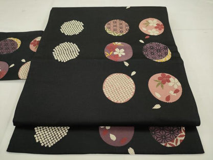 平和屋着物●九寸名古屋帯　吉祥花丸文　黒地　正絹　逸品　AABM4775pf