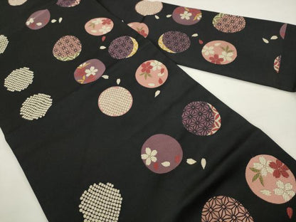 平和屋着物●九寸名古屋帯　吉祥花丸文　黒地　正絹　逸品　AABM4775pf