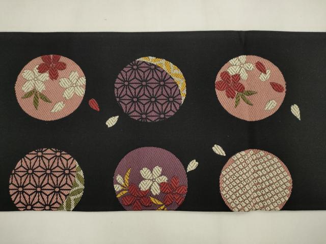 平和屋着物●九寸名古屋帯　吉祥花丸文　黒地　正絹　逸品　AABM4775pf