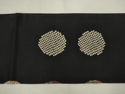 平和屋着物●九寸名古屋帯　吉祥花丸文　黒地　正絹　逸品　AABM4775pf