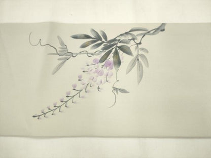平和屋着物●塩瀬　九寸名古屋帯　作家物　手描き　藤　金彩　正絹　逸品　AABM4776pf