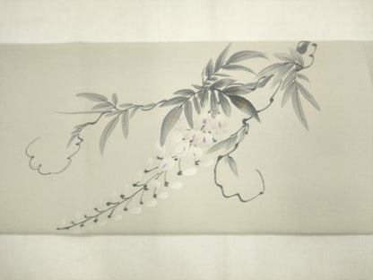 平和屋着物●塩瀬　九寸名古屋帯　作家物　手描き　藤　金彩　正絹　逸品　AABM4776pf