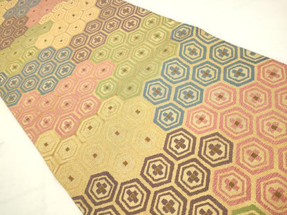 平和屋着物●洛風林　工芸帯地　全通柄袋帯　亀甲花文　金糸　正絹　逸品　AABM4789pf