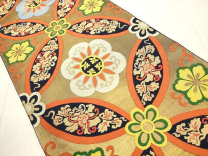 平和屋着物●洛風林　工芸帯地　六通柄　本袋帯　七宝花文　金糸　正絹　逸品　AABM4795pf