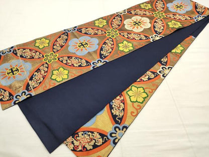 平和屋着物●洛風林　工芸帯地　六通柄　本袋帯　七宝花文　金糸　正絹　逸品　AABM4795pf
